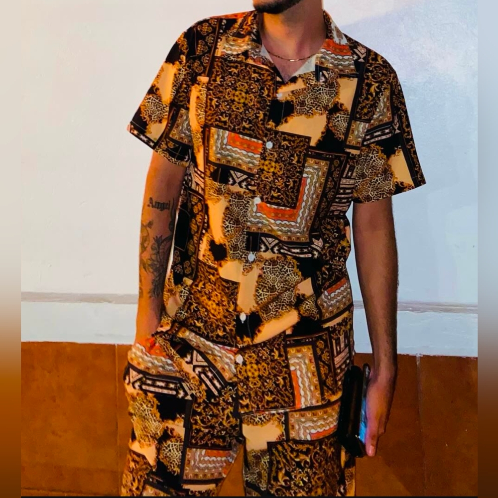 Men's Patchwork Print S Shorts Set Shirt Pockets